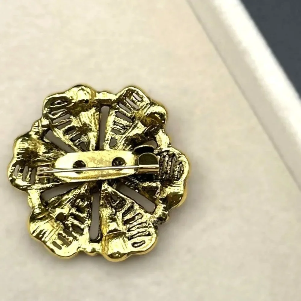 Yellow Gold with Ruby Red and Garnet Red Crystal Round Flower Pin Back Brooch